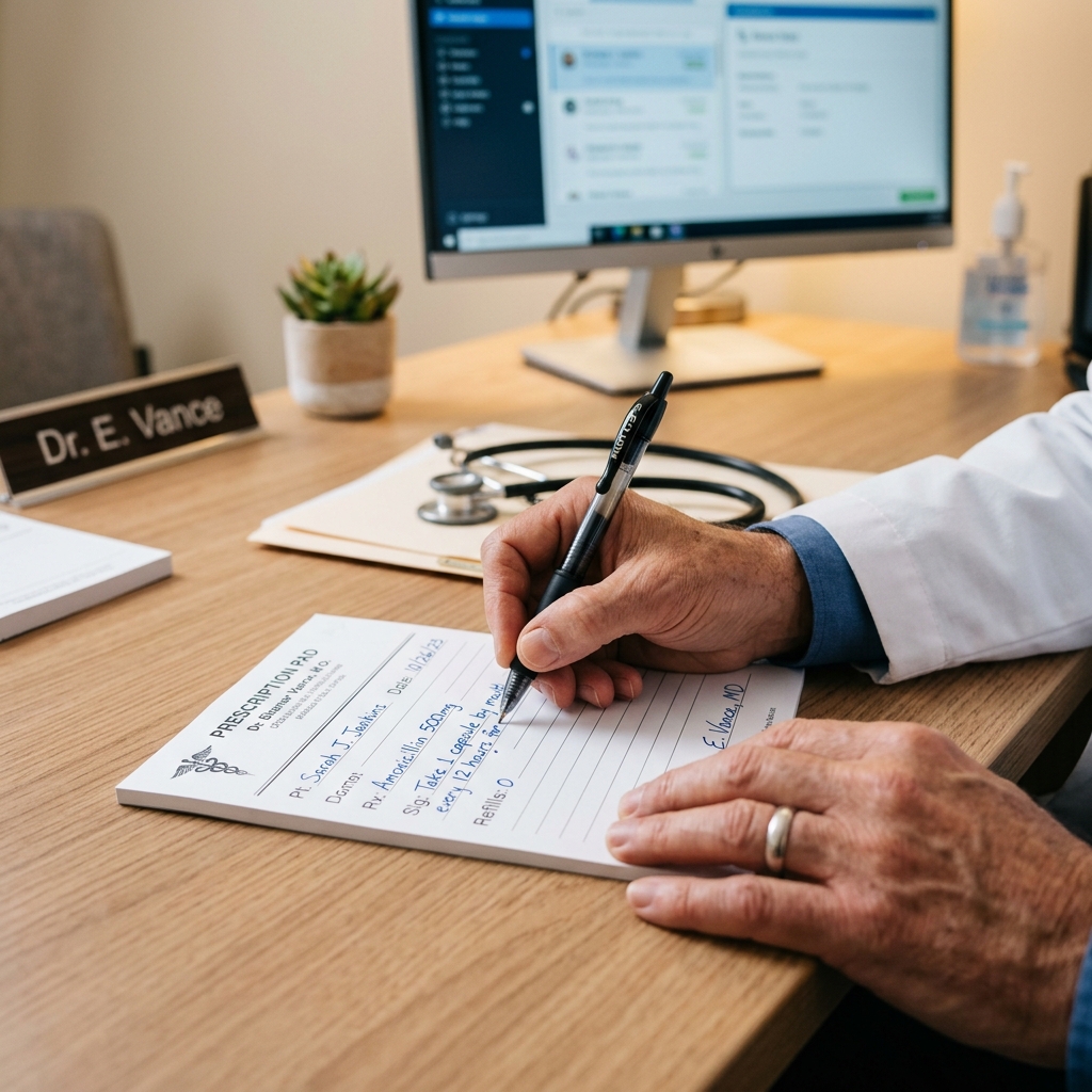 Doctor writing a vape prescription on a pad in clinical office
