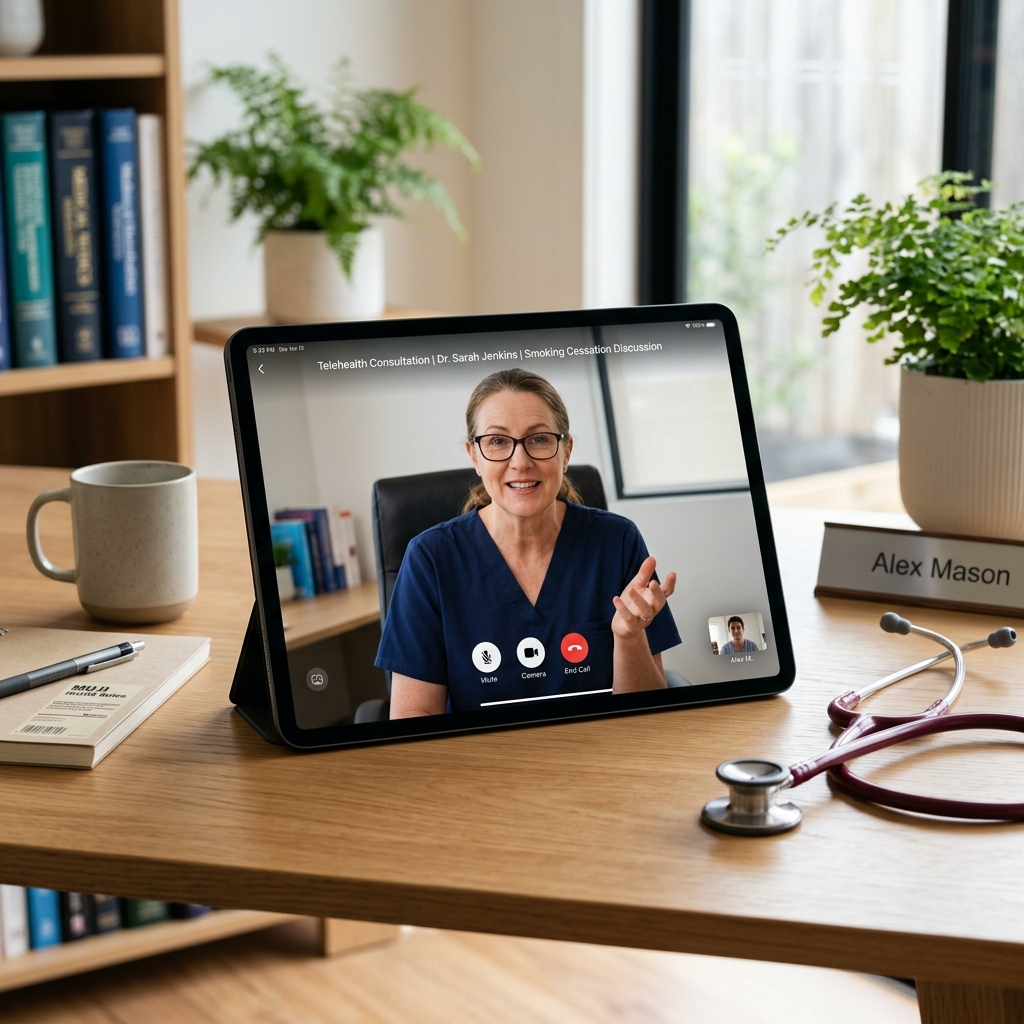 Telehealth screen on tablet next to stethoscope