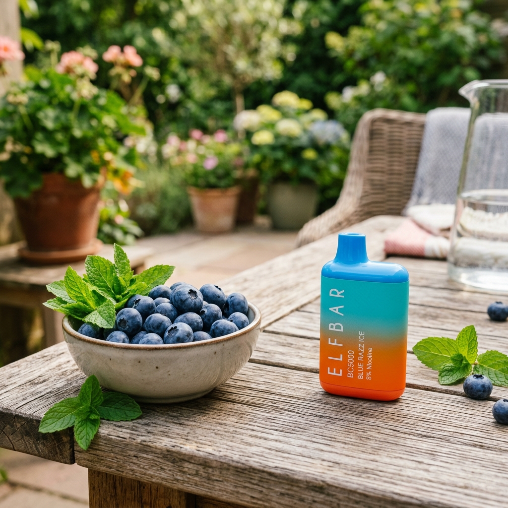 Colourful disposable vape on table next to fresh blueberries and mint