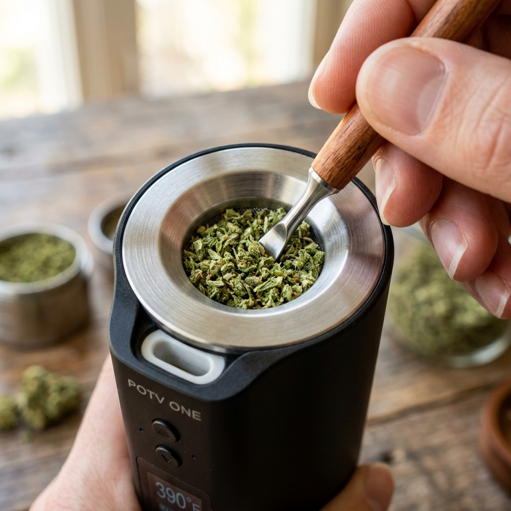 Macro shot of dry herb vaporiser oven chamber packed with green herbs