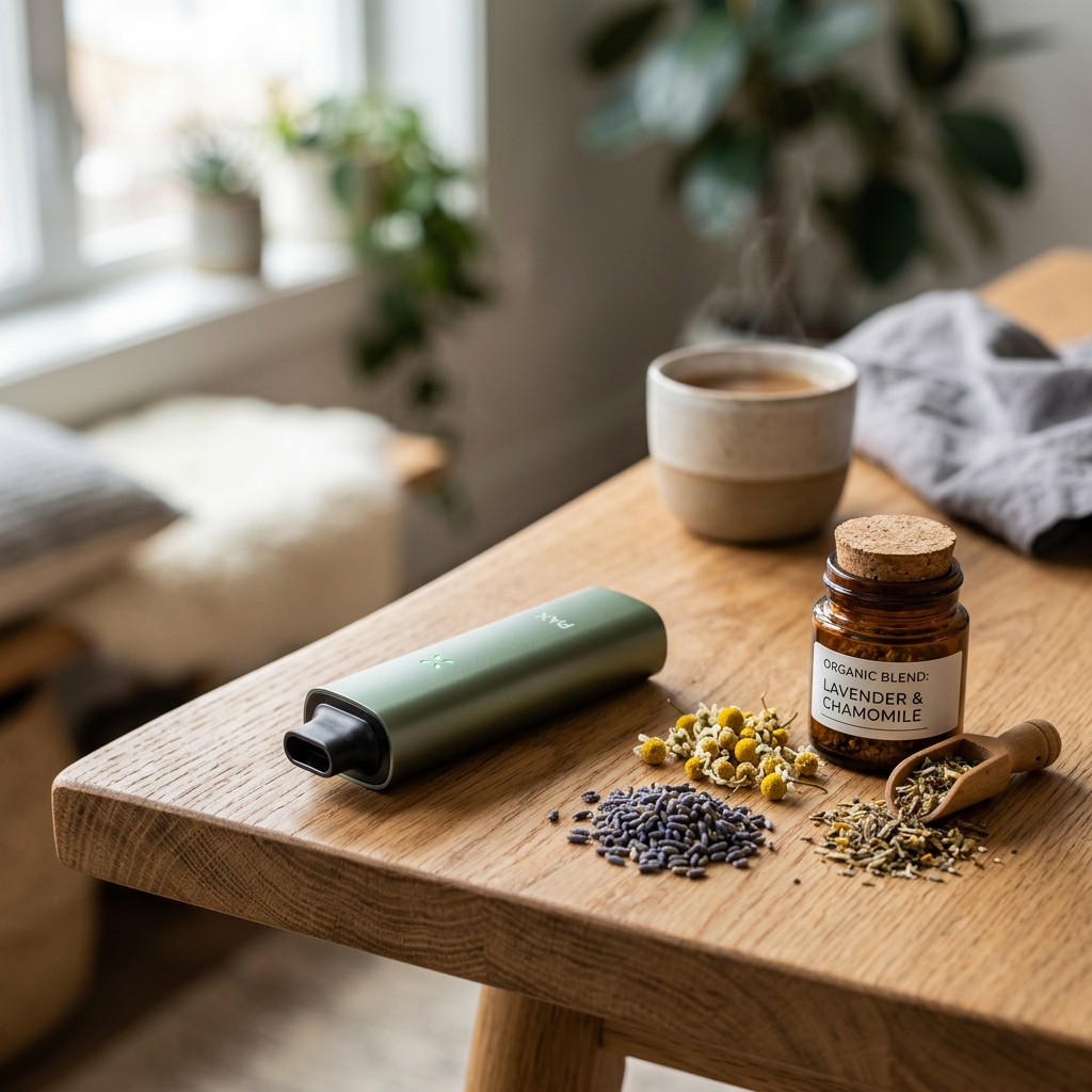 Premium dry herb vaporiser on a modern table next to herbs